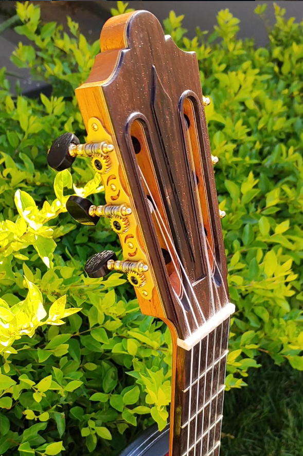 Violão clássico com tampo em cedro-canadense e laterais e fundo em jacarandá-indiano. Um instrumento inspirado na obra do mestre francês Daniel Friederich, cuja elegância e identidade construtiva continuam sendo uma das maiores referências da luteria contemporânea.